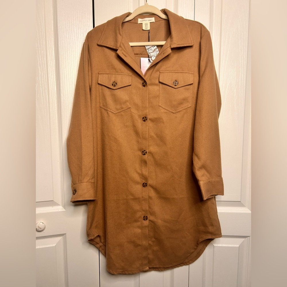 Happily Grey Women’s M Brown Buttonup Shacket Pockets Oversized Boho Western NWT